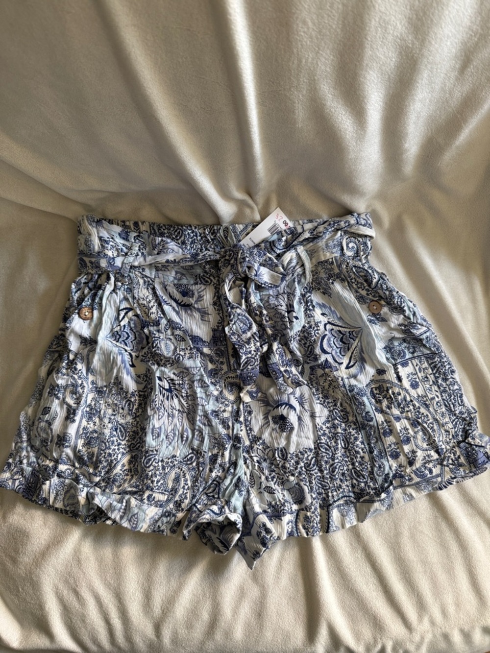 Angie Blue & White Paisley Paperbag Waist Shorts